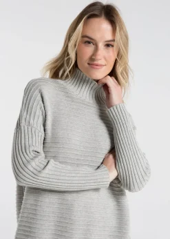 French Connection Light Grey Cotton Ribbed Knit High Neck Jumper