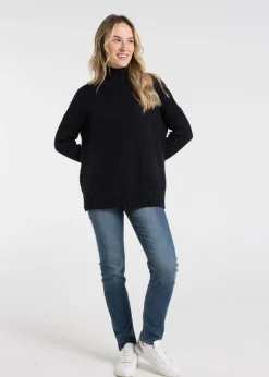 French Connection Navy Cotton Ribbed Knit High Neck Jumper