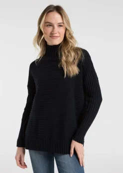 French Connection Navy Cotton Ribbed Knit High Neck Jumper