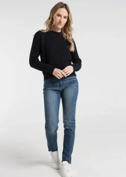 French Connection Navy Cotton Popcorn-Style Cable Knit Crew Neck Jumper