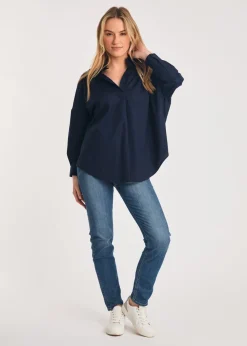 French Connection Navy Cotton Long Sleeve Poplin Popover High-Low Hem Shirt