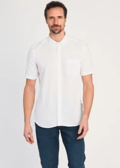 French Connection White Linen Blend Short Sleeve Chest Pocket Shirt