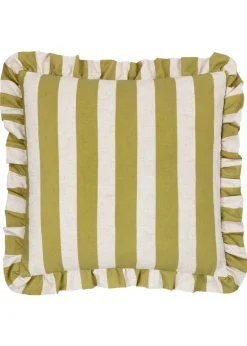 Furn Linen Stripe Printed Ruffle Olive Cushion (50 x 50 x 8 cm)