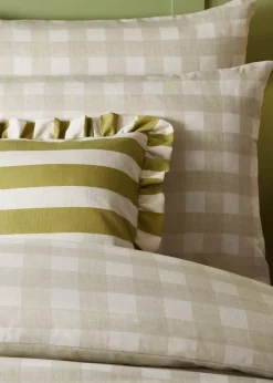 Furn Linen Stripe Printed Ruffle Olive Cushion (50 x 50 x 8 cm)