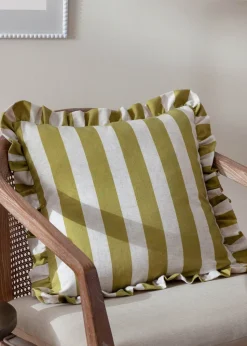 Furn Linen Stripe Printed Ruffle Olive Cushion (50 x 50 x 8 cm)