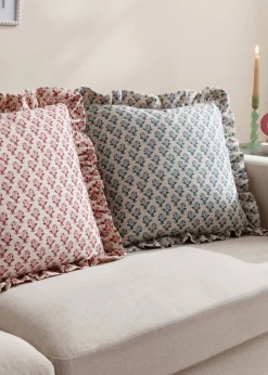 Furn Lulah Block Printed Ruffle Blue Cushion (45 x 45 x 8 cm)