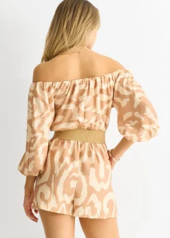 Gini London Beige Abstract Belted Bardot Viscose Playsuit