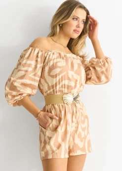 Gini London Beige Abstract Belted Bardot Viscose Playsuit