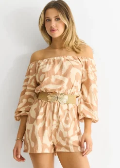 Gini London Beige Abstract Belted Bardot Viscose Playsuit