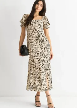 Gini London Beige Animal Printed Split Viscose Midi Dress