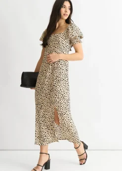 Gini London Beige Animal Printed Split Viscose Midi Dress