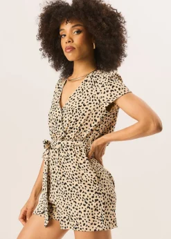 Gini London Beige Animal Print Belted Wrap Playsuit