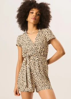 Gini London Beige Animal Print Belted Wrap Playsuit