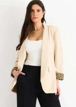 Gini London Beige Contrast Animal Edge To Edge Blazer