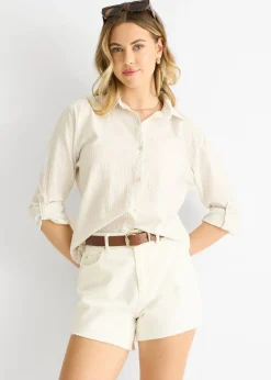 Gini London Beige Cotton Stripe Roll Up Sleeves Shirt