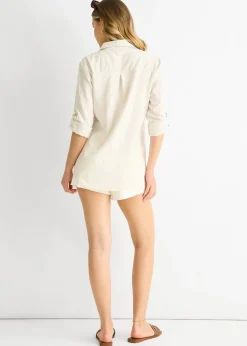 Gini London Beige Cotton Stripe Roll Up Sleeves Shirt