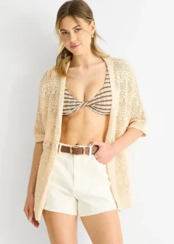 Gini London Beige Crochet Knit Edge to Edge Cardigan