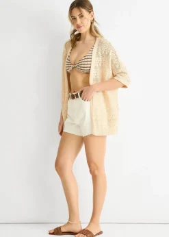 Gini London Beige Crochet Knit Edge to Edge Cardigan