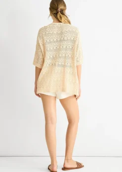 Gini London Beige Crochet Knit Edge to Edge Cardigan