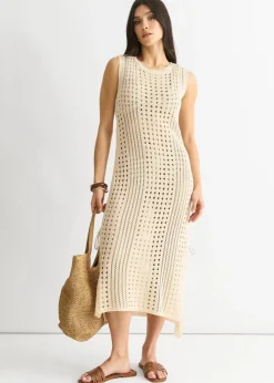 Gini London Beige Crochet Knit Bodycon Midi Dress