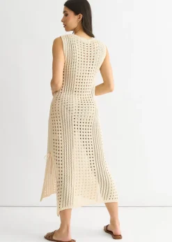 Gini London Beige Crochet Knit Bodycon Midi Dress