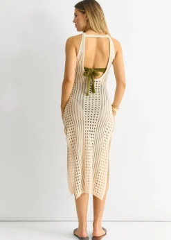 Gini London Beige Crochet Knit Bodycon Slit Dress