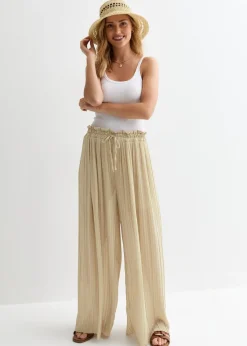 Gini London Beige Elasticated Waist Plisse Wide Led Trouser