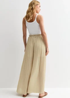 Gini London Beige Elasticated Waist Plisse Wide Led Trouser