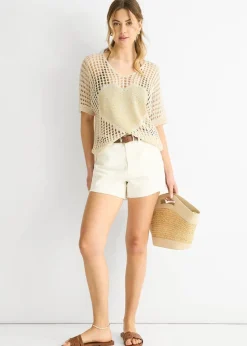 Gini London Beige Fish Net Heart Pattern Crochet Top