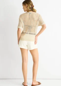 Gini London Beige Fish Net Heart Pattern Crochet Top