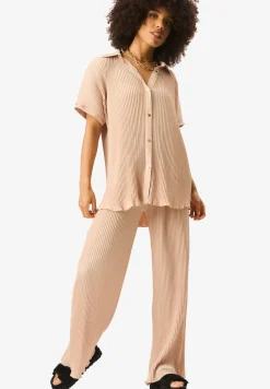 Gini London Beige Plisse Loungewear Wide Leg Trousers