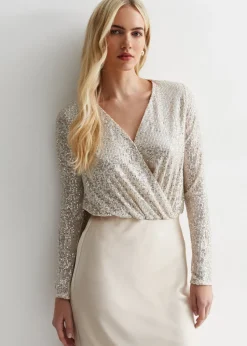 Gini London Beige Sequin Wrap Long Sleeves Bodysuit