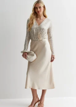 Gini London Beige Sequin Wrap Long Sleeves Bodysuit