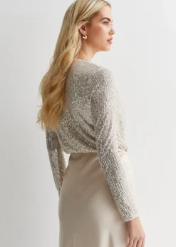 Gini London Beige Sequin Wrap Long Sleeves Bodysuit