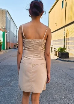 Gini London Beige Tall Woven Pleated Detail Mini Dress