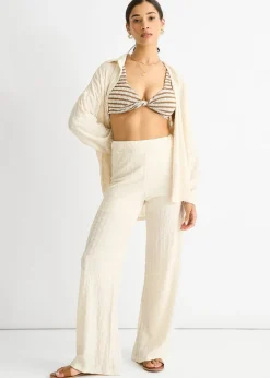 Gini London Beige Textured Elasticated Waist Flared Trousers