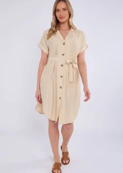 Gini London Beige Utility Belted Oversized Viscose Shirt Dress