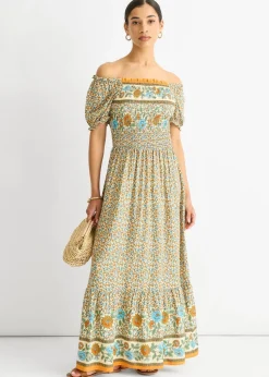 Gini London Beige Viscose Border Print Shirred Maxi Dress