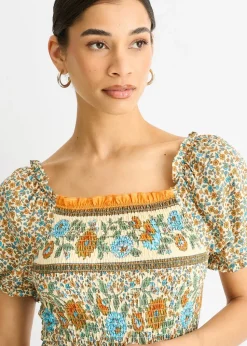 Gini London Beige Viscose Border Print Shirred Maxi Dress