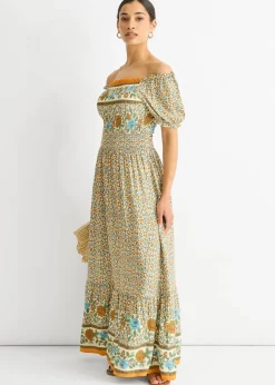 Gini London Beige Viscose Border Print Shirred Maxi Dress