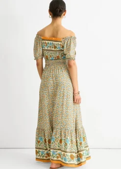 Gini London Beige Viscose Border Print Shirred Maxi Dress