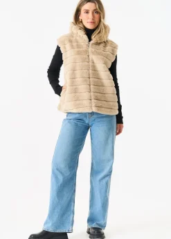 Gini London Beige Zip Front Hooded Fur Gilet