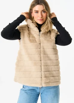 Gini London Beige Zip Front Hooded Fur Gilet