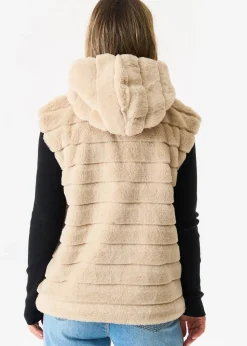 Gini London Beige Zip Front Hooded Fur Gilet