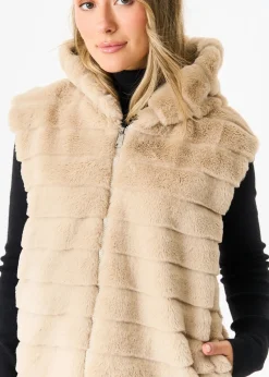 Gini London Beige Zip Front Hooded Fur Gilet