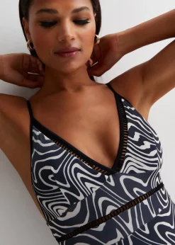 Gini London Black & White Mono Swirl Contrast Binding Hardware Swimsuit