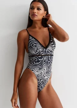 Gini London Black & White Mono Swirl Contrast Binding Hardware Swimsuit