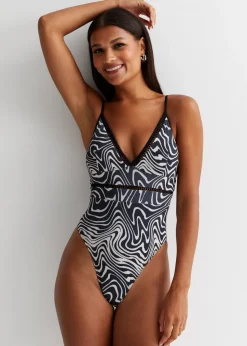 Gini London Black & White Mono Swirl Contrast Binding Hardware Swimsuit