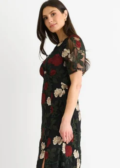 Gini London Black Angel Sleeves Embroidered Occasion Midi Dress