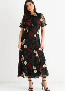 Gini London Black Angel Sleeves Embroidered Occasion Midi Dress